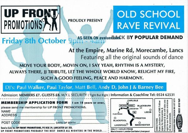 UP FRONT PROMOTIONS Rave Flyer Flyers A5 8/10/93 The Empire Morecambe ...