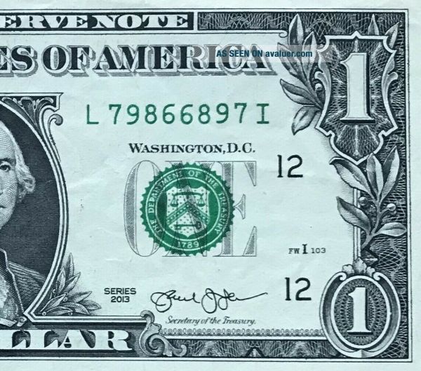 2013 $1 BILL RADAR LADDER NOTE FANCY SERIAL NUMBER L 79866897 I CRISP ...
