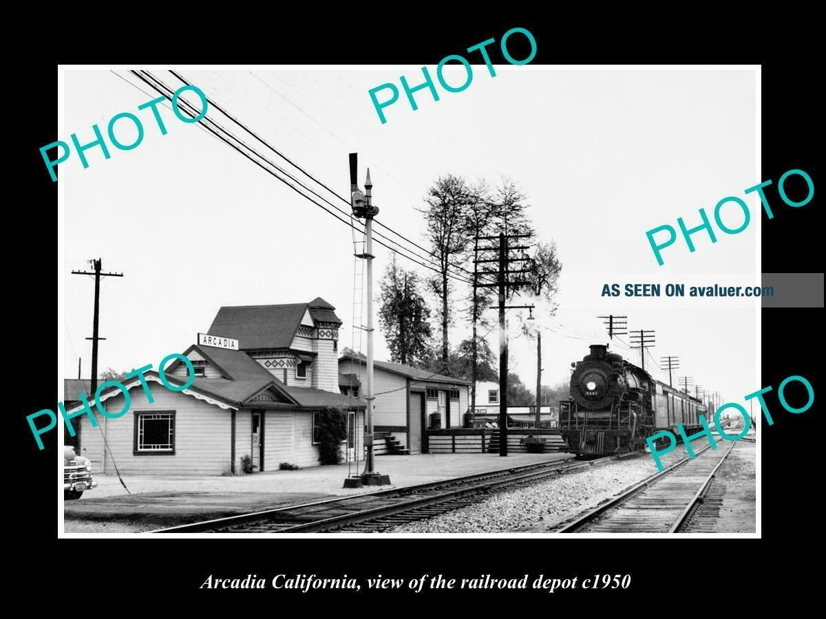 OLD POSTCARD SIZE PHOTO OF ARCADIA CALIFORNIA VIEW OF THE RAILROAD DEPOT c1950