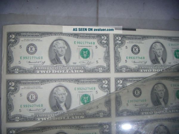 Uncut Sheet Of $2 Dollar Bills Value
