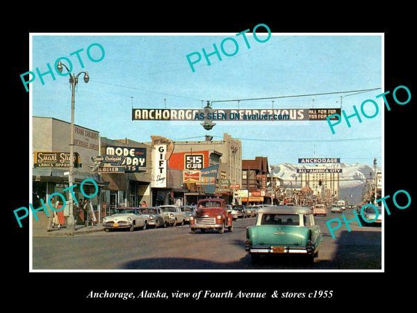 OLD POSTCARD SIZE PHOTO OF ANCHORAGE ALASKA VIEW OF 4th AVE & STORES c1955