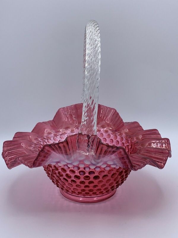 Vintage Fenton Glass Cranberry Opalescent Hobnail Large Basket - Please ...