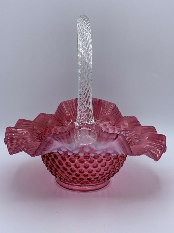 Vintage Fenton Glass Cranberry Opalescent Hobnail Large Basket - Please ...